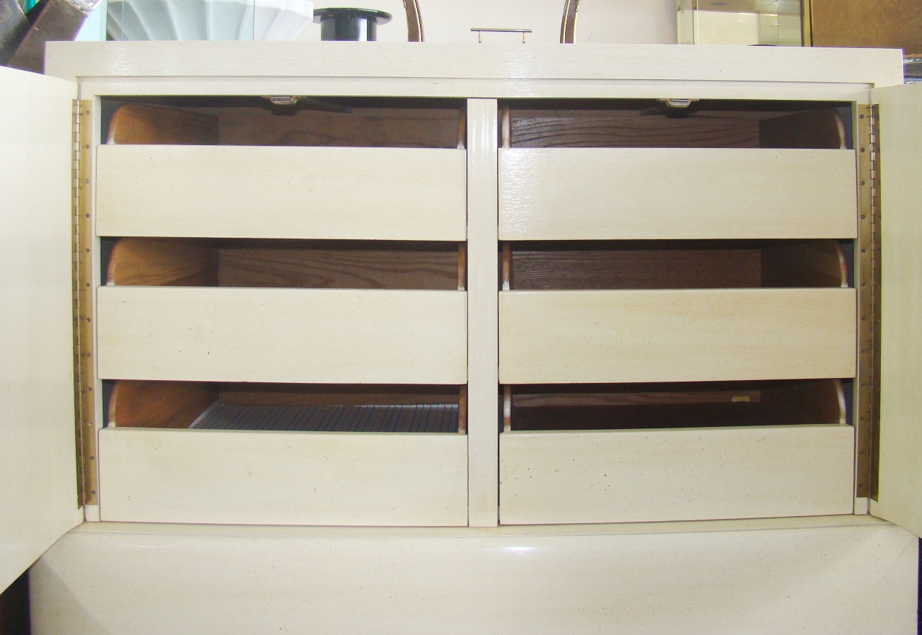 Tall Mid Century Modern Wardrobe Dresser In Offwhite & Gold Modernism